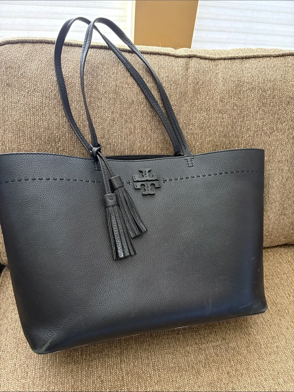 Tory Burch Black Leather Laptop Tote with Tassel